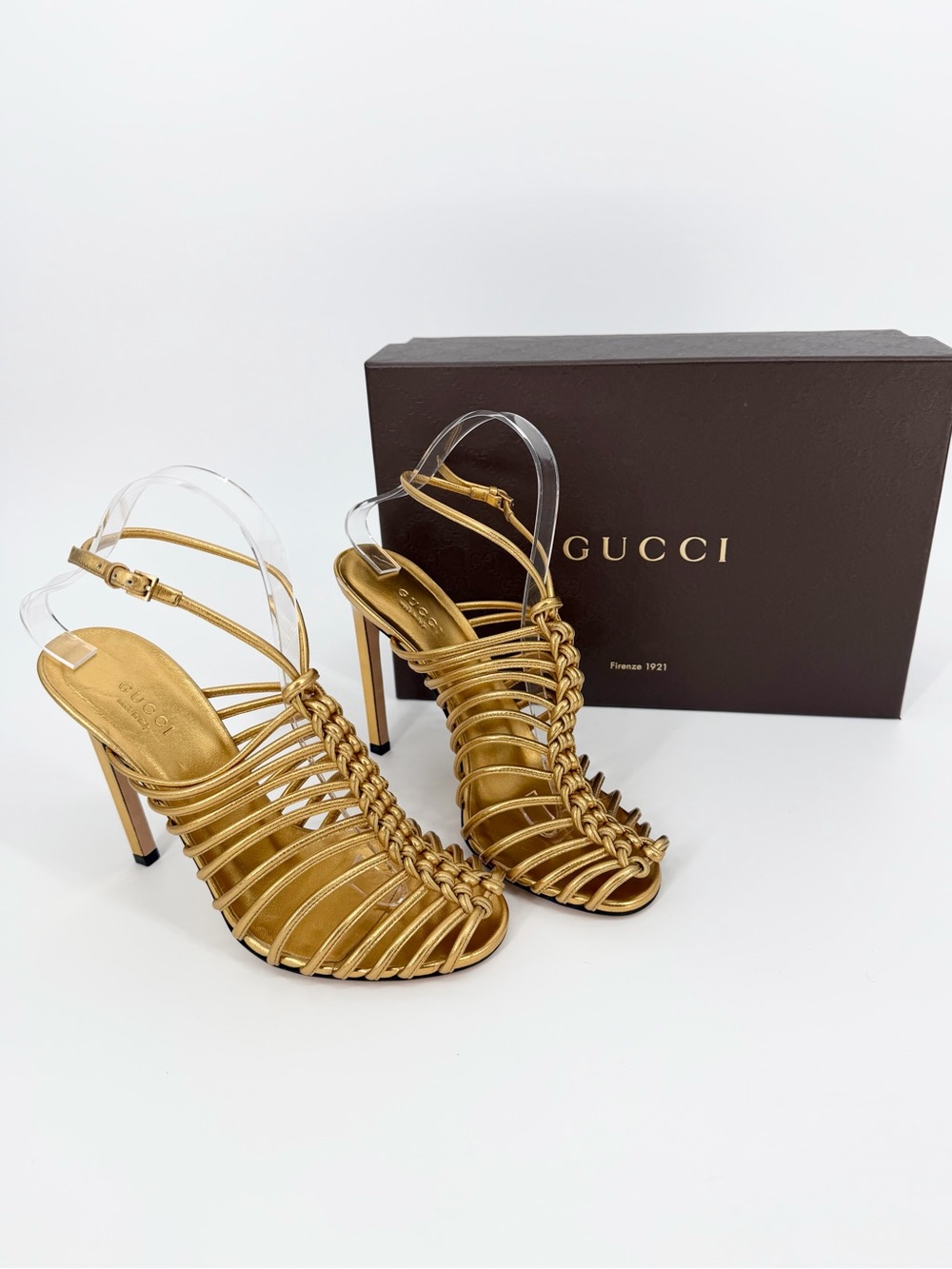 Gucci Leather Strappy Knotted Braided Slingback Pumps Stiletto Ankle Strap